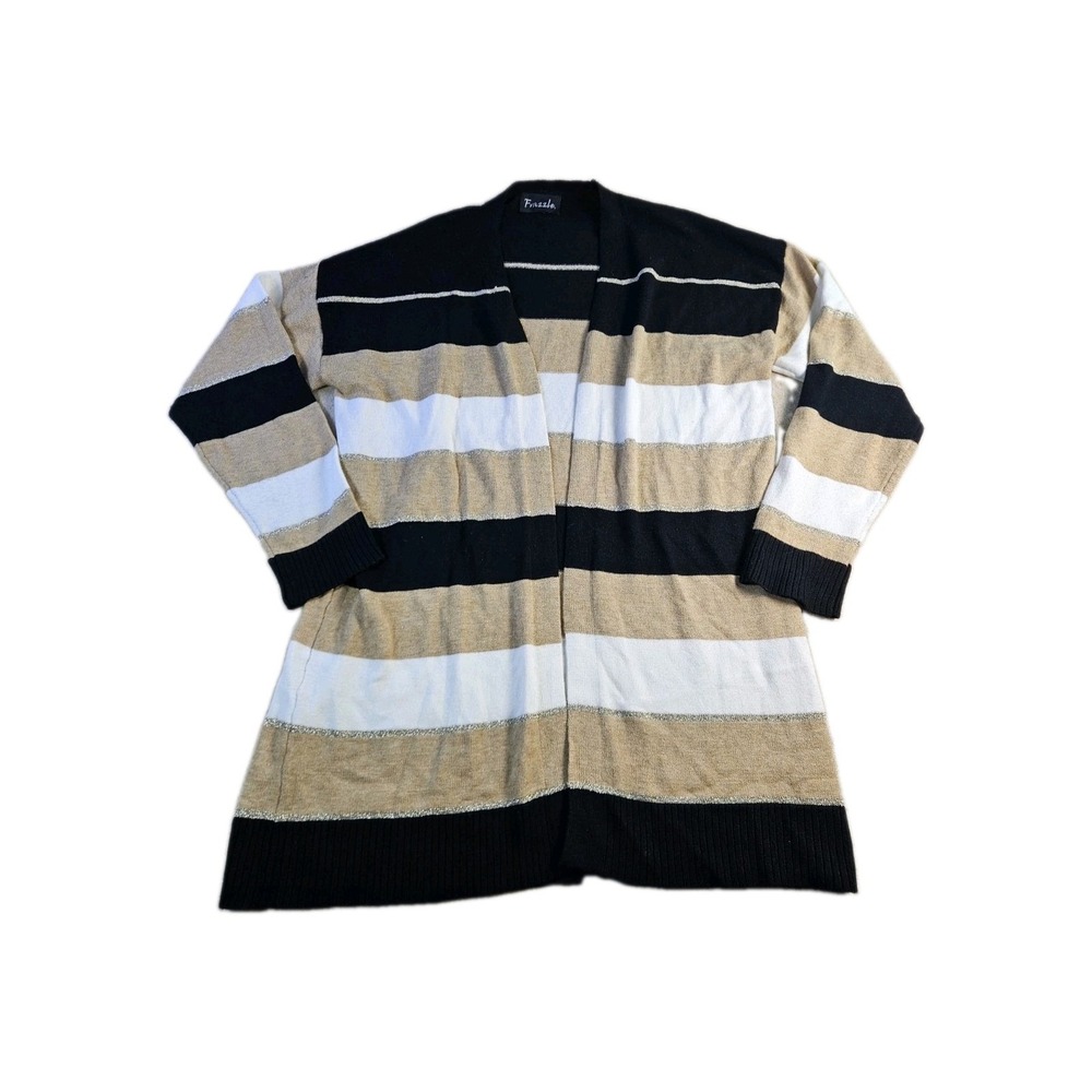 Frazzle Womens XXL Open Front Striped Cardigan Black Tan White Metallic Knit